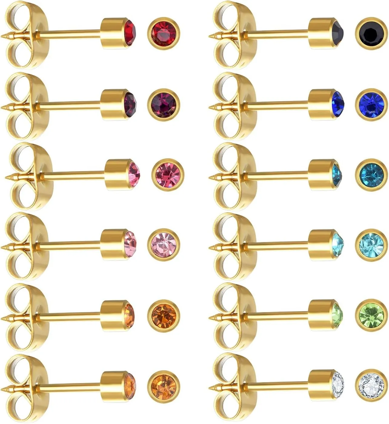 12 Pairs Ear Piercing Stud Earrings for Ear Piercing Guns, Surgical Stainless Steel Multicolor Round Heart Star Cubic Zirconia Birthstone Stud Earrings Set