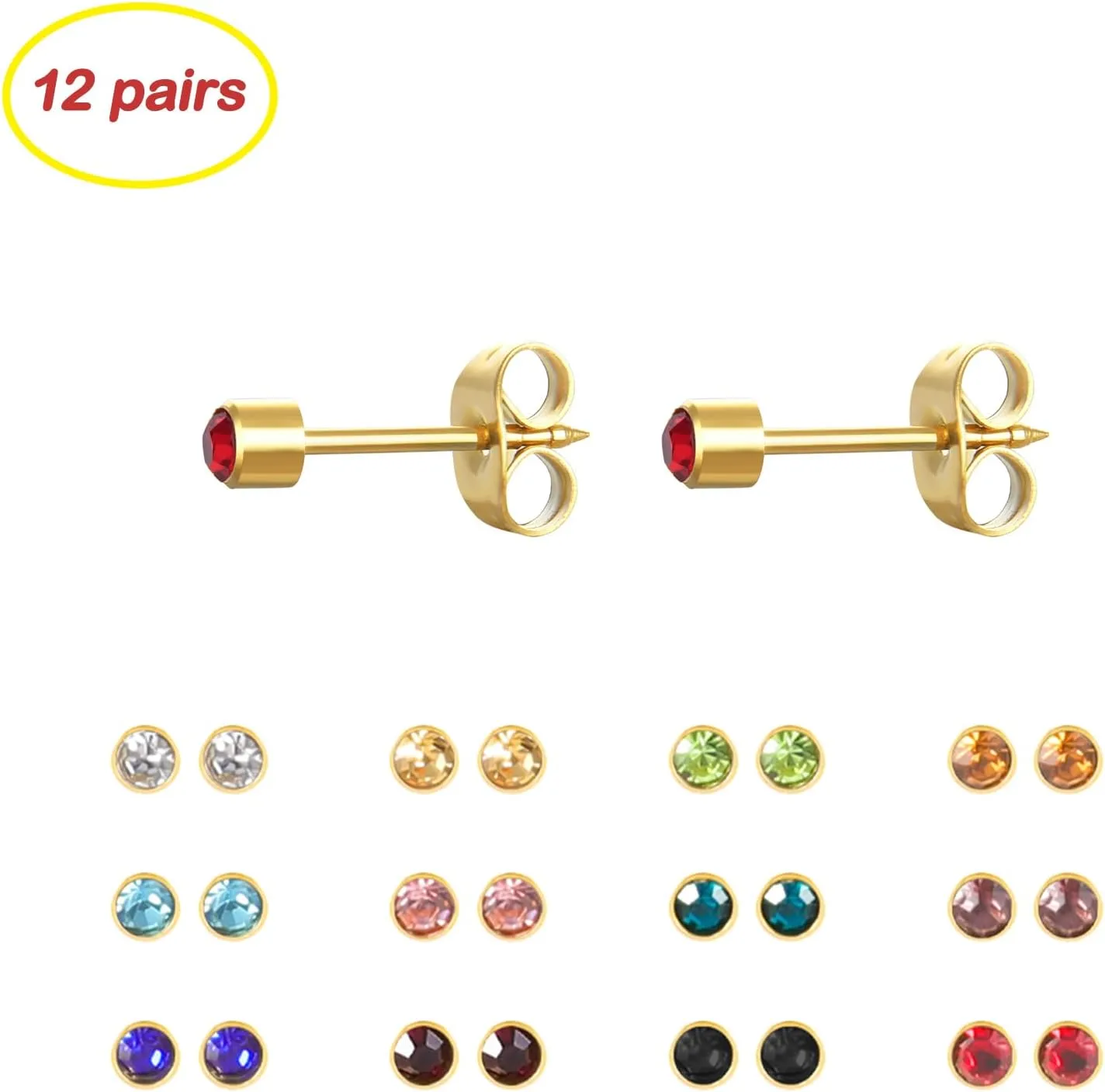 12 Pairs Ear Piercing Stud Earrings for Ear Piercing Guns, Surgical Stainless Steel Multicolor Round Heart Star Cubic Zirconia Birthstone Stud Earrings Set