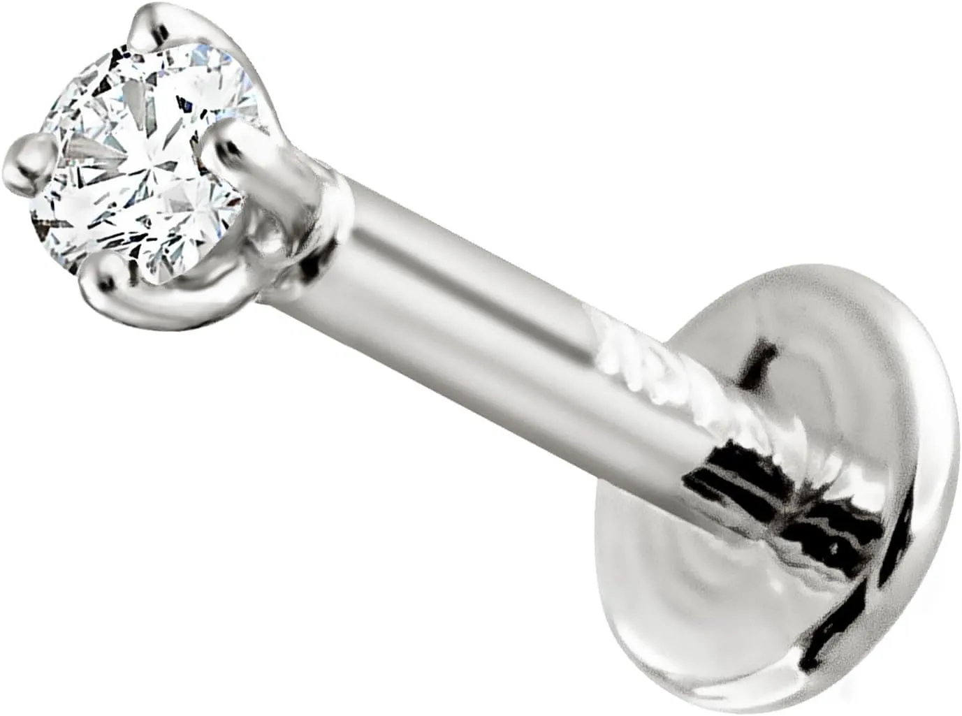 14K Gold Diamond Labret Monroe Stud 16G 6mm-8mm Post Flat Disk Bottom Prong Set 2mm Genuine Round Brilliant Cut Diamond Lip Ring Tragus Stud
