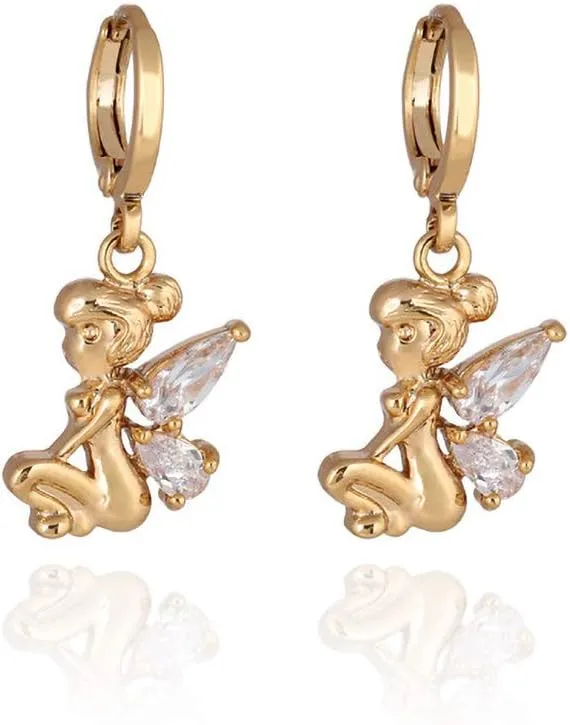 14K Gold Plated Angel with Wings CZ Dangle Hoop Earrings