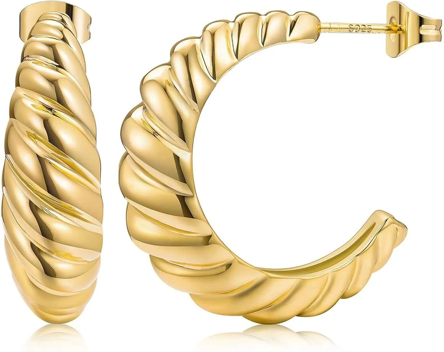 14K Gold Plated Croissant Earrings, Twisted Round Hoop Earrings Chunky Hoop Earrings 925 Sterling Silver Post Earrings Huggies with CZ for Women Mother's Day Gift