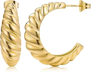 14K Gold Plated Croissant Earrings, Twisted Round Hoop Earrings Chunky Hoop Earrings 925 Sterling Silver Post Earrings Huggies with CZ for Women Mother's Day Gift