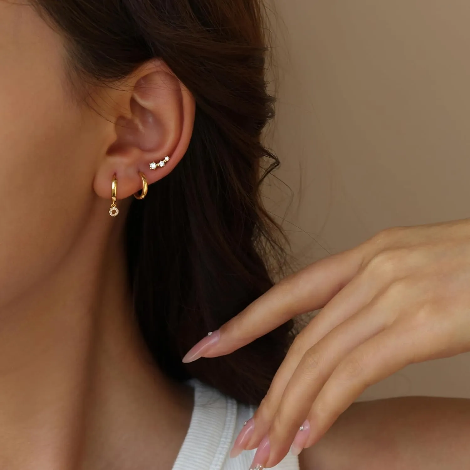 14K Gold Plated Sterling Silver Post | Dainty Earrings Set for Women: Stud Earrings, Drop Dangle Earrings, Ear Climber Jacket Earrings, Huggie Hoop Earrings for Multiple Piercings (3 Pairs Set)