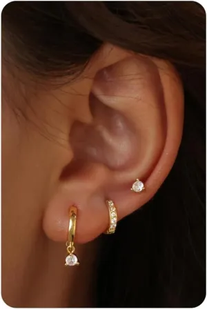 14K Gold Plated Sterling Silver Post | Dainty Earrings Set for Women: Stud Earrings, Drop Dangle Earrings, Ear Climber Jacket Earrings, Huggie Hoop Earrings for Multiple Piercings (3 Pairs Set)