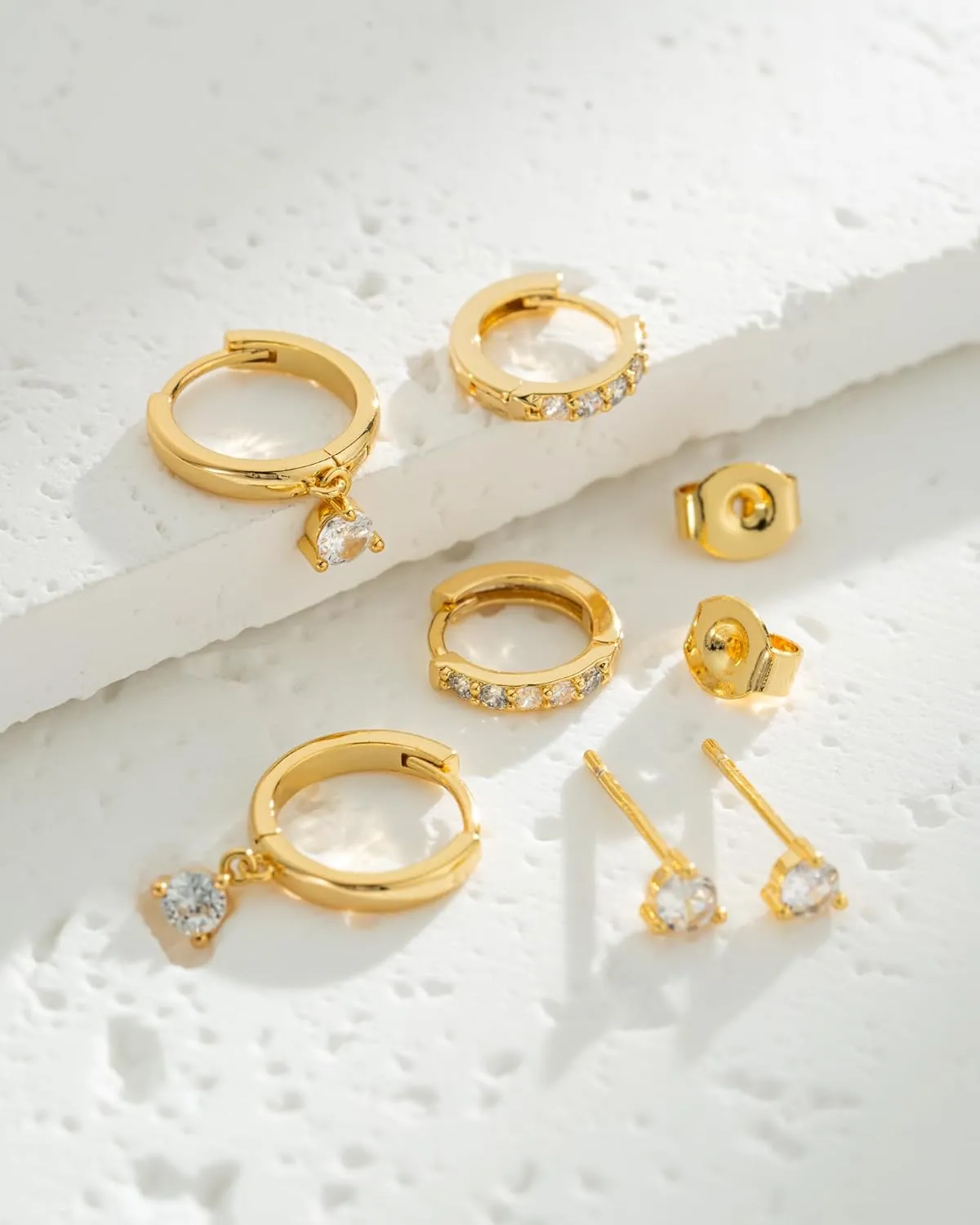 14K Gold Plated Sterling Silver Post | Dainty Earrings Set for Women: Stud Earrings, Drop Dangle Earrings, Ear Climber Jacket Earrings, Huggie Hoop Earrings for Multiple Piercings (3 Pairs Set)