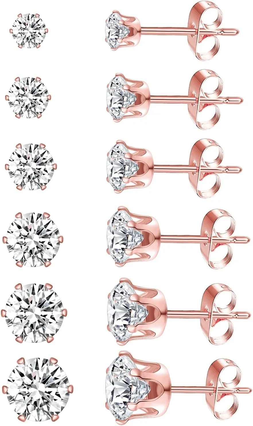 14K Gold Stud Earrings for Women Men, Hypoallergenic Stainless Steel Stud Earrings Set with Simulated Diamond Cubic Zirconia 3-8mm (6 Pairs)