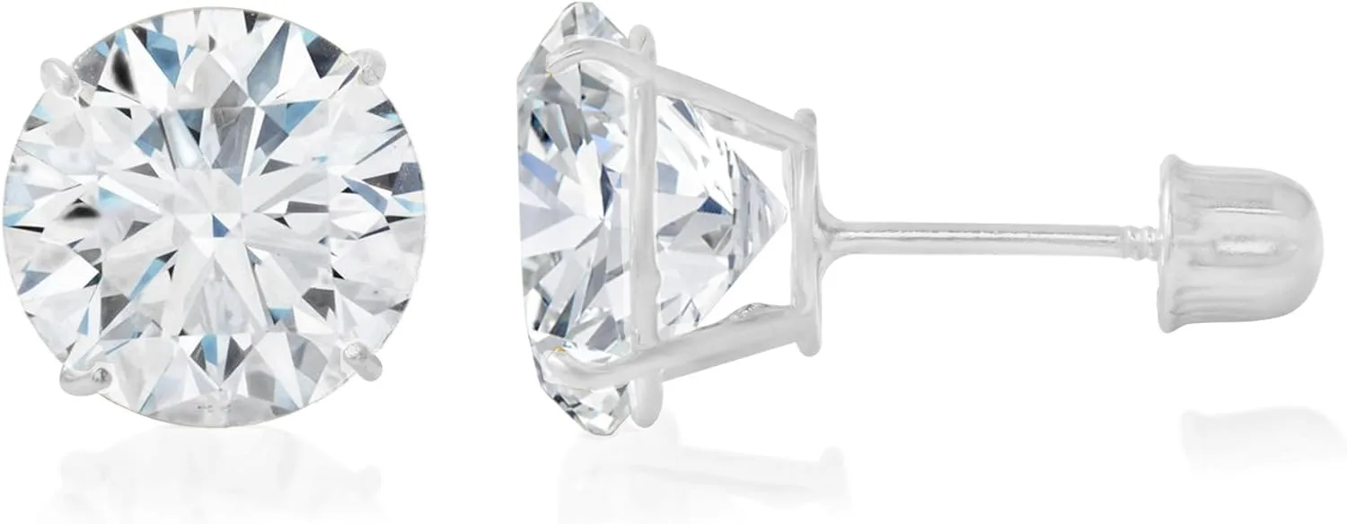 14K Yellow OR White Solid Gold Round Solitaire Cubic Zirconia CZ Stud Earrings Pair in Screw Back - Various Sizes