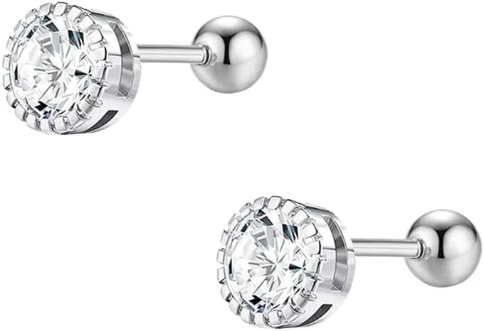 18g Solitaire Round Cubic Zirconia 925 Sterling Silver Minimalist Sleeper Stud Earrings for Women Cartilage Small Tiny Mini Huggie Diamond Studs Helix Ball Secure Screw-backs Piercing Jewelry Gifts Her Daughter Wife