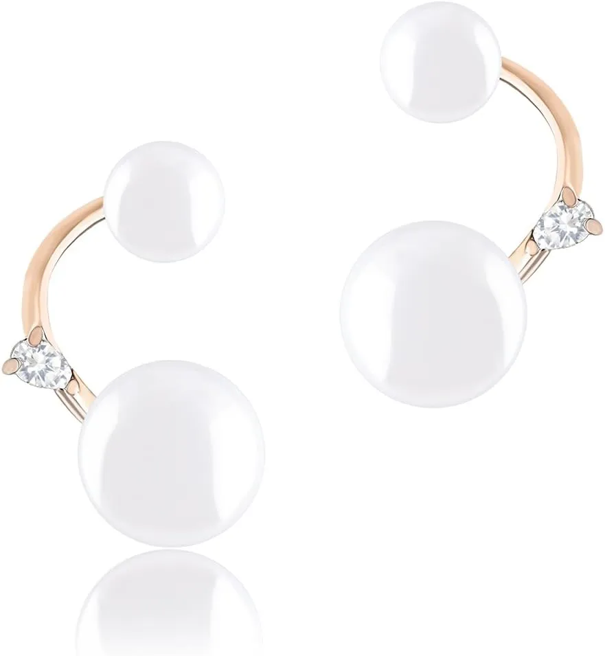 18k Gold Plated White Simulated Shell Pearl with Cubic Zirconia Accented Curved Earrings (8.5-9mm, 5-5.5mm)