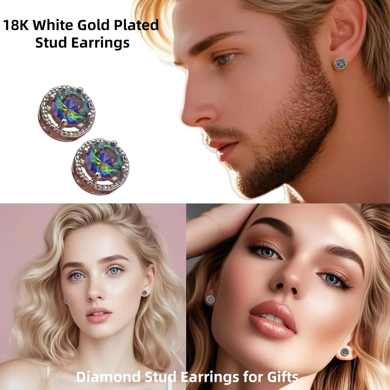 18K White Gold Plated, 4 Pairs Stud Earrings Set, Rainbow mystic Topaz Earrings, Hypoallergenic Cubic Zirconia Earrings, stud earrings for women Men, earrings studs, Jewelry for Gifts
