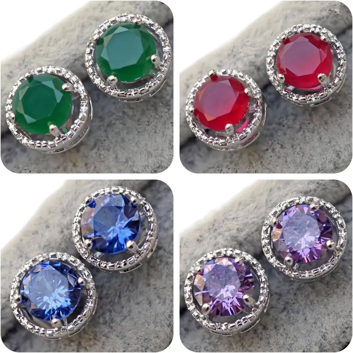 18K White Gold Plated, 4 Pairs Stud Earrings Set, Rainbow mystic Topaz Earrings, Hypoallergenic Cubic Zirconia Earrings, stud earrings for women Men, earrings studs, Jewelry for Gifts