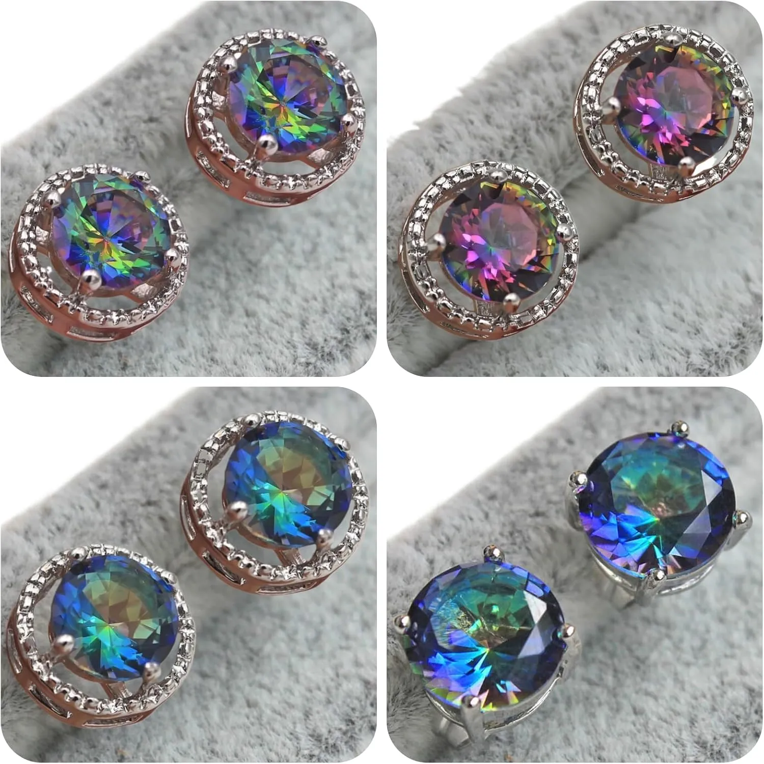 18K White Gold Plated, 4 Pairs Stud Earrings Set, Rainbow mystic Topaz Earrings, Hypoallergenic Cubic Zirconia Earrings, stud earrings for women Men, earrings studs, Jewelry for Gifts