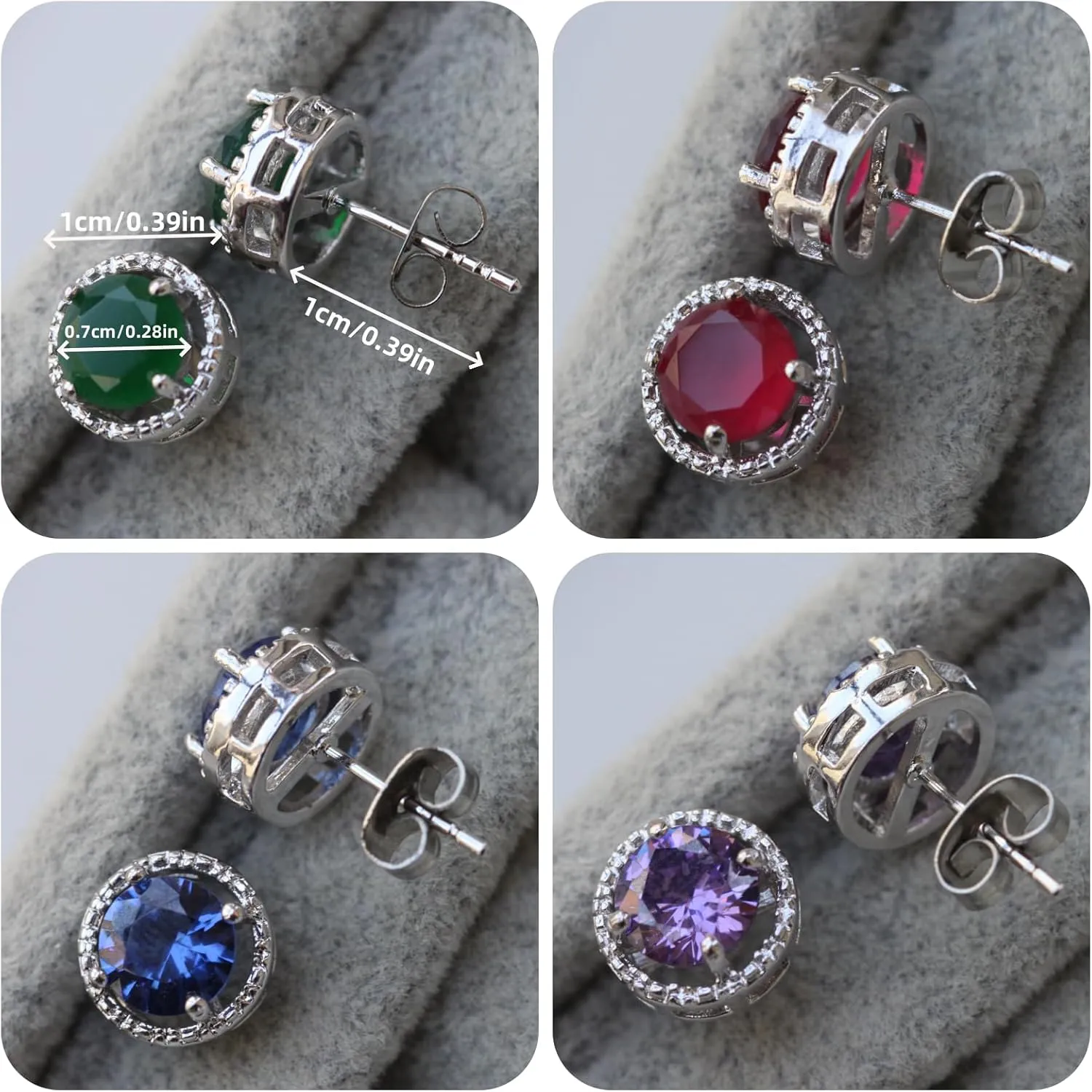 18K White Gold Plated, 4 Pairs Stud Earrings Set, Rainbow mystic Topaz Earrings, Hypoallergenic Cubic Zirconia Earrings, stud earrings for women Men, earrings studs, Jewelry for Gifts