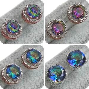 18K White Gold Plated, 4 Pairs Stud Earrings Set, Rainbow mystic Topaz Earrings, Hypoallergenic Cubic Zirconia Earrings, stud earrings for women Men, earrings studs, Jewelry for Gifts