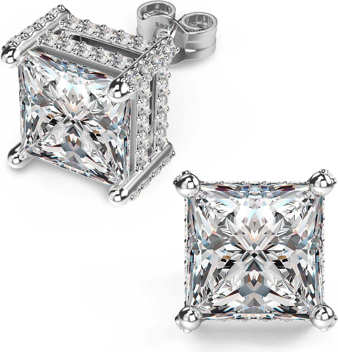 18K White Gold Plated Sterling Silver Pave Square Cubic Zirconia Stud Earrings 4 Prong Princess Cut CZ Simulated Diamond Stud Earrings for Men Women Hypoallergenic