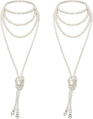 1920s Imitation Faux Long Pearl Strand Y Necklace 6mm Layered Knot Retro Costume Jewelry Flapper Party Wedding Accessories Mother's Day Gift