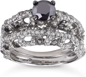 2 Carat Total Weight (cttw) Wedding Rings with Black and White Diamonds - 925 Sterling Silver Bridal Ring for Women
