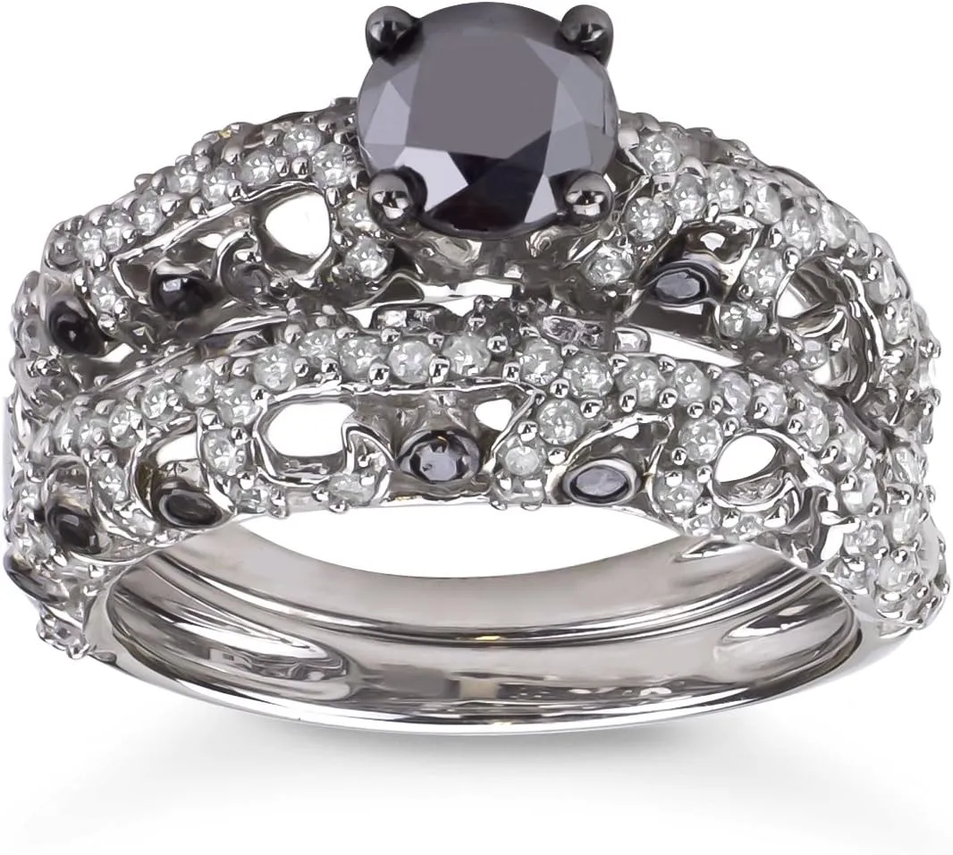 2 Carat Total Weight (cttw) Wedding Rings with Black and White Diamonds - 925 Sterling Silver Bridal Ring for Women