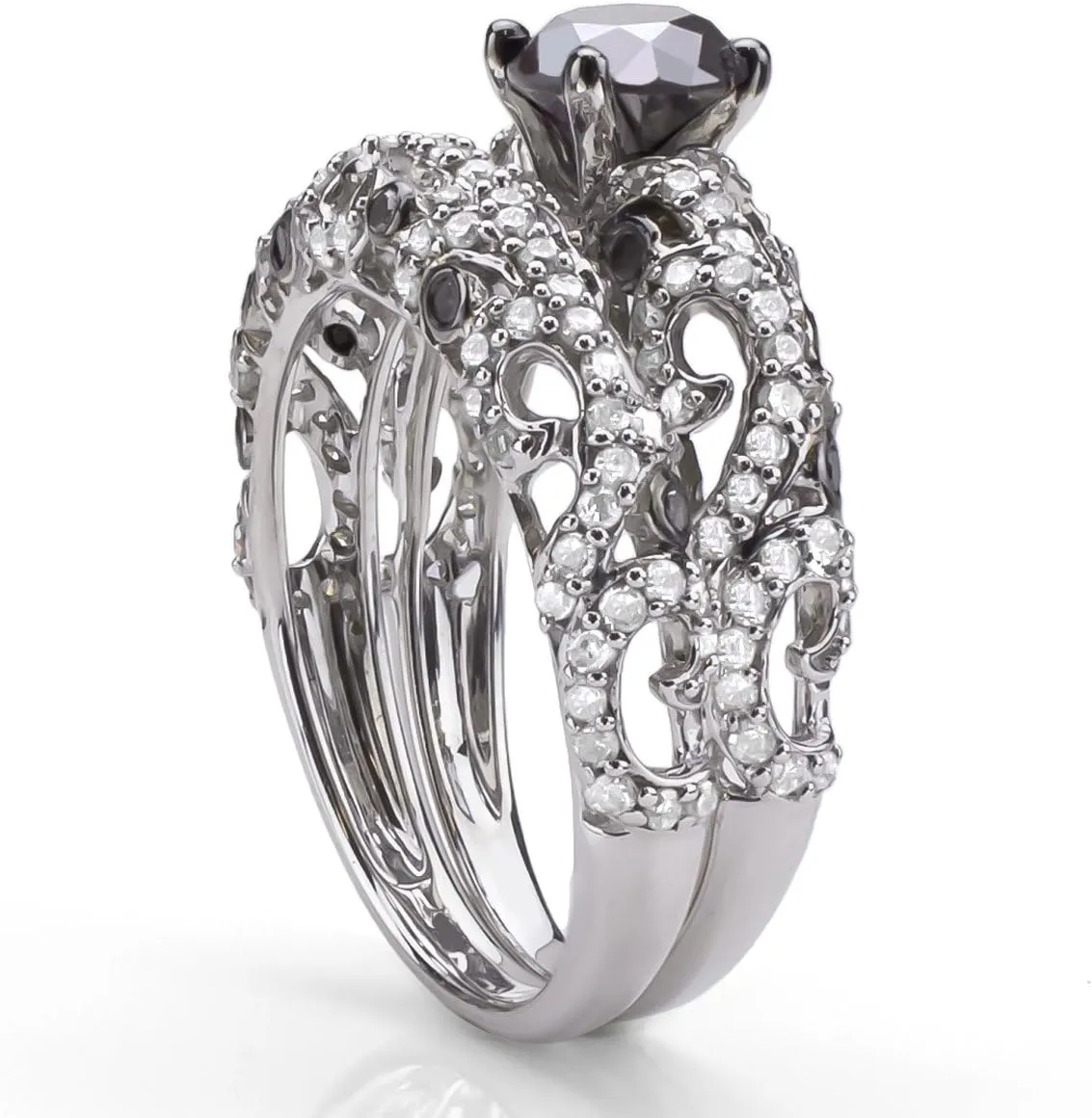 2 Carat Total Weight (cttw) Wedding Rings with Black and White Diamonds - 925 Sterling Silver Bridal Ring for Women