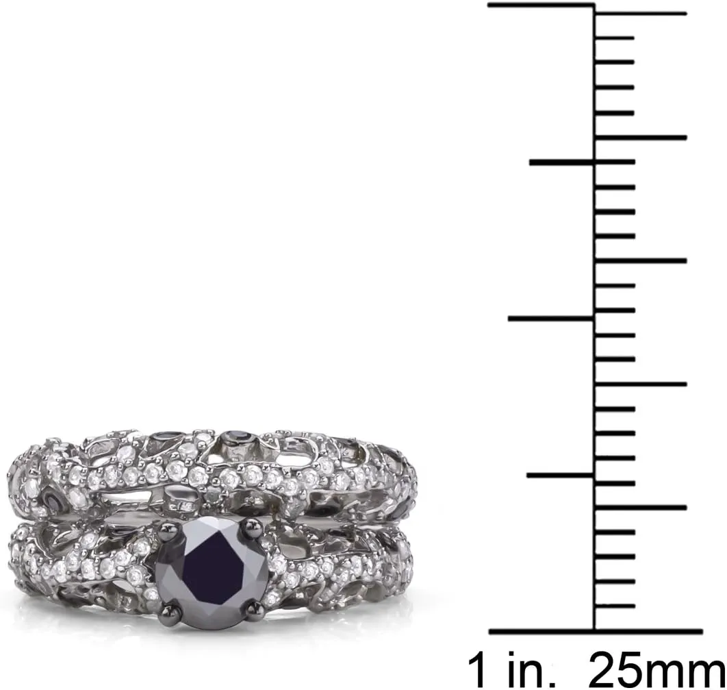 2 Carat Total Weight (cttw) Wedding Rings with Black and White Diamonds - 925 Sterling Silver Bridal Ring for Women