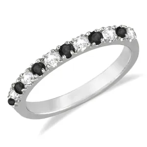 2 mm Wide Round Cut Black & White Diamond Half Eternity Ring For Women, 14K White Gold Plated 925 Silver Black Diamond Bridal Anniversary Wedding Band