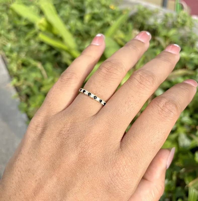 2 mm Wide Round Cut Black & White Diamond Half Eternity Ring For Women, 14K White Gold Plated 925 Silver Black Diamond Bridal Anniversary Wedding Band