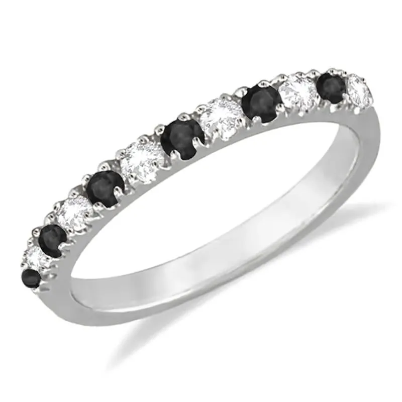 2 mm Wide Round Cut Black & White Diamond Half Eternity Ring For Women, 14K White Gold Plated 925 Silver Black Diamond Bridal Anniversary Wedding Band