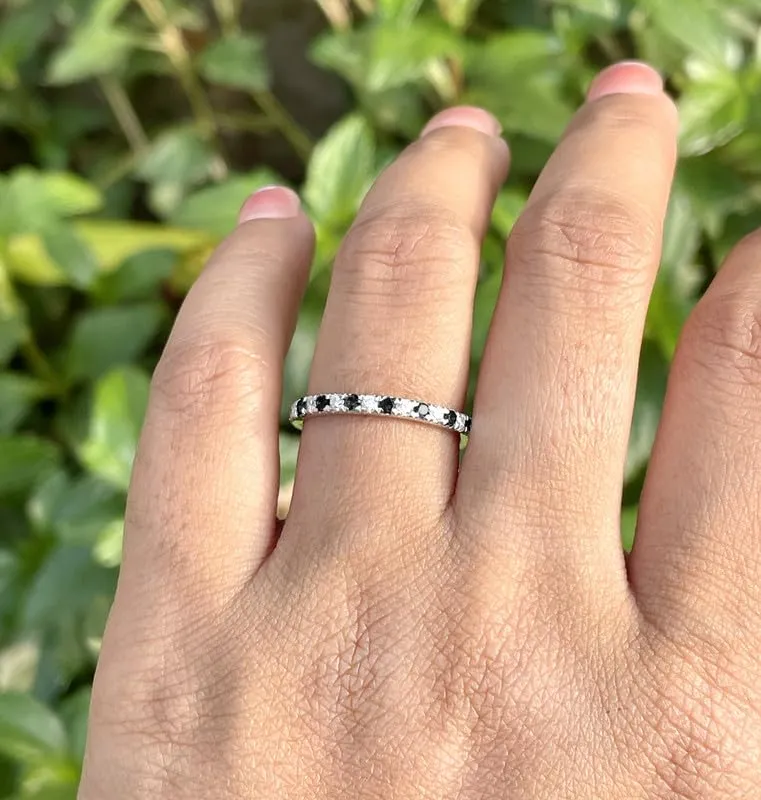 2 mm Wide Round Cut Black & White Diamond Half Eternity Ring For Women, 14K White Gold Plated 925 Silver Black Diamond Bridal Anniversary Wedding Band