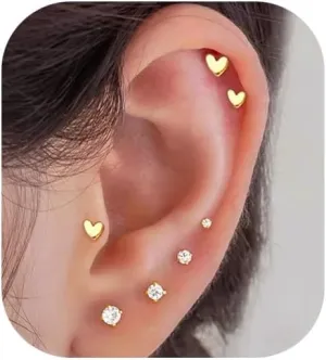 20G/18G/16G Cartilage Tragus Earring Gold Tiny Stud Earrings Threadless Flat Back Earrings Nose Stud Piercing Small Heart CZ Studs Mini Conch Helix Jewelry