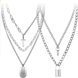 2Pcs Punk Layered Lock Key Love Heart Butterfly Cross Angel Pendant Necklace Gothic Cool Adjustable Chain Statement Choker Necklace for Women Man Hip Hop Bar Party Jewelry
