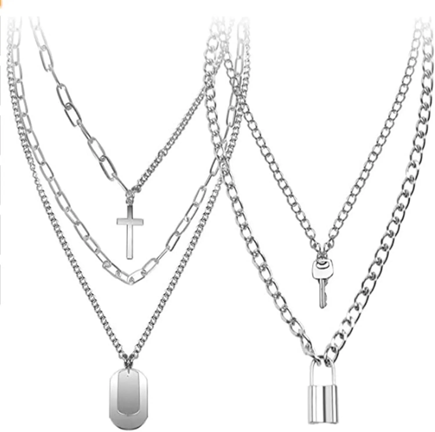 2Pcs Punk Layered Lock Key Love Heart Butterfly Cross Angel Pendant Necklace Gothic Cool Adjustable Chain Statement Choker Necklace for Women Man Hip Hop Bar Party Jewelry