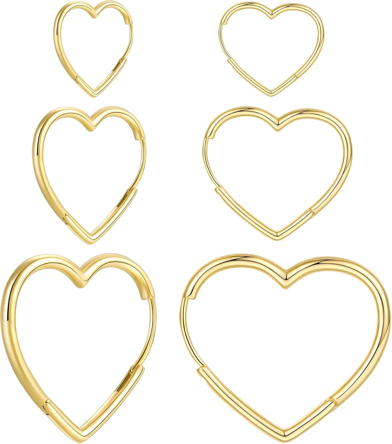 3 Pairs 14K Gold Plated Heart Hoop Earrings, Simple Large and Small Heart Hoop Earrings for Women, 3 Sizes Cute Huggies Earrings for Women Girs Gift, 1.3cm/2cm/3cm, gold and silver