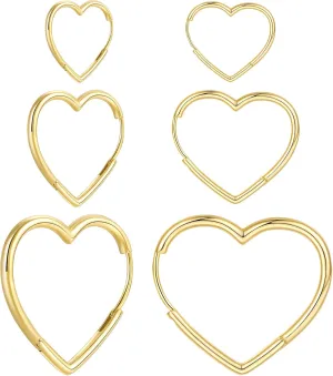 3 Pairs 14K Gold Plated Heart Hoop Earrings, Simple Large and Small Heart Hoop Earrings for Women, 3 Sizes Cute Huggies Earrings for Women Girs Gift, 1.3cm/2cm/3cm, gold and silver