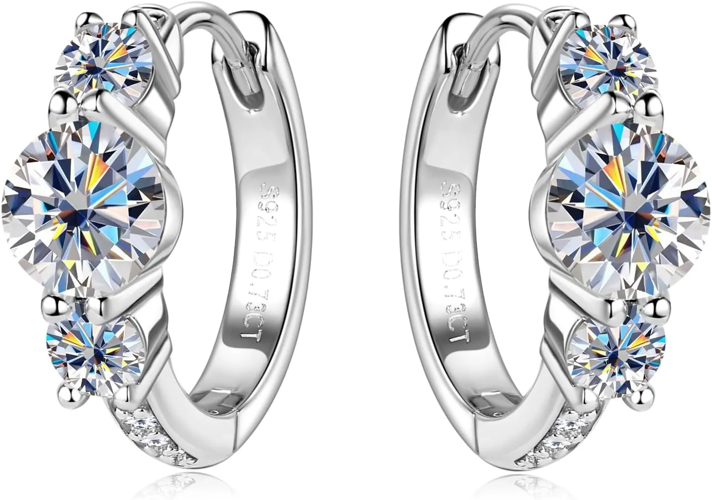 3 Stone Moissanite Hoop Earrings, 925 Sterling Silver Hypoallergenic Huggie Earrings for Women, D Color VVS1 Lab Created Imitation Diamond Round Cut Jewelry Gifts