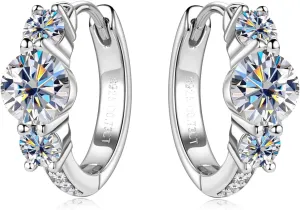 3 Stone Moissanite Hoop Earrings, 925 Sterling Silver Hypoallergenic Huggie Earrings for Women, D Color VVS1 Lab Created Imitation Diamond Round Cut Jewelry Gifts