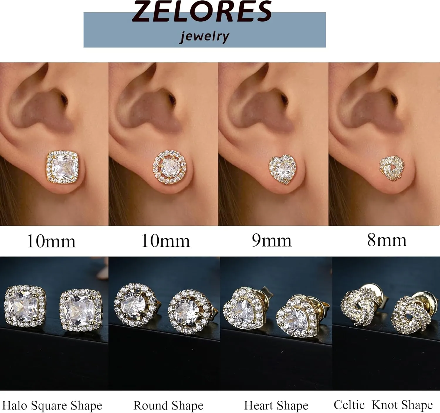 4 Pairs Sterling Silver CZ Stud Earrings for Women 14K Gold Plated Brilliant Celtic Heart Big Stud Earrings Set Cubic Zirconia Earrings Studs for Sensitive Ear