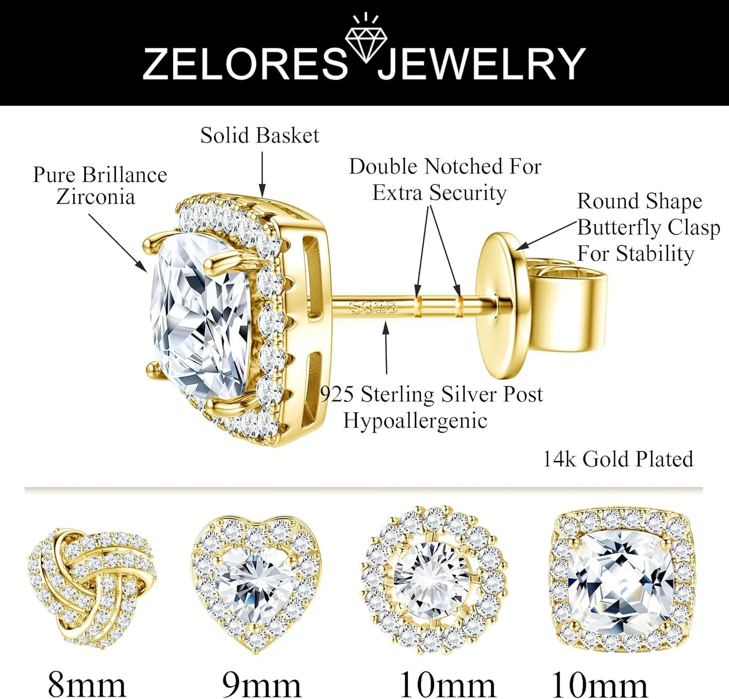 4 Pairs Sterling Silver CZ Stud Earrings for Women 14K Gold Plated Brilliant Celtic Heart Big Stud Earrings Set Cubic Zirconia Earrings Studs for Sensitive Ear
