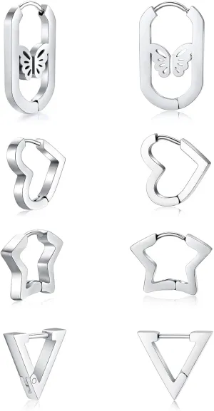 4 Pairs Titanium Hoop Earrings for Women Men, Hypoallergenic Stainless Steel Earrings Sliver Huggies Earrings