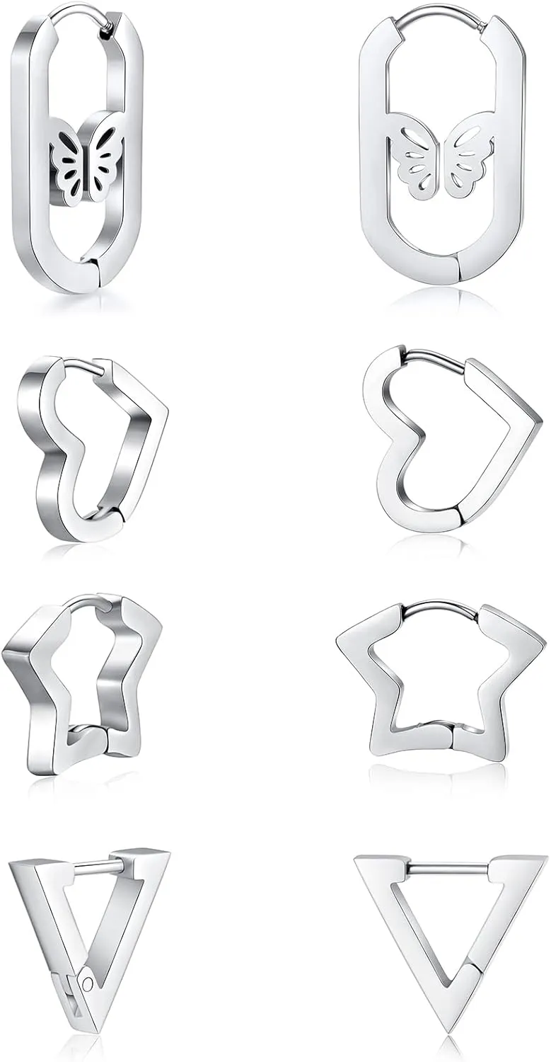 4 Pairs Titanium Hoop Earrings for Women Men, Hypoallergenic Stainless Steel Earrings Sliver Huggies Earrings