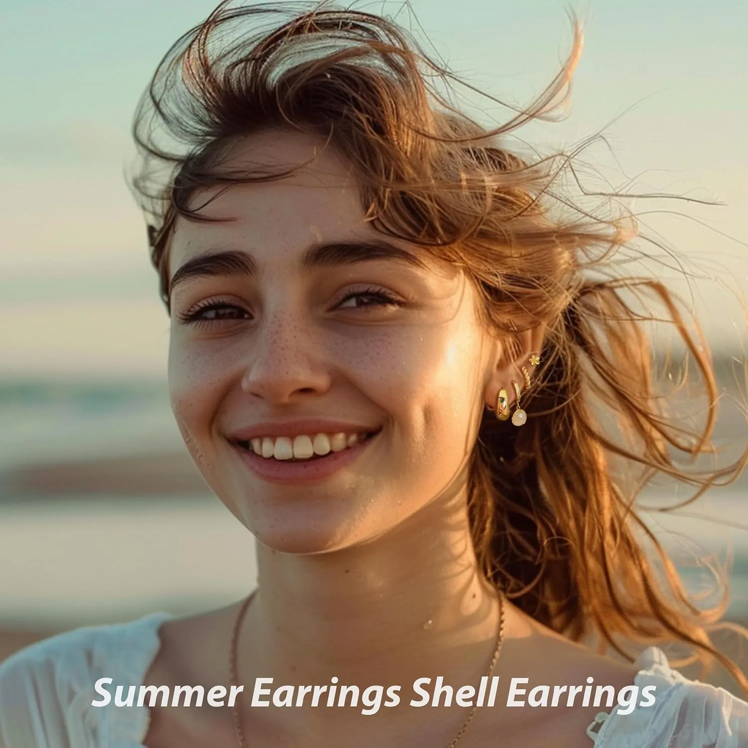 4Pairs Gold Starfish Earrings for Women Shell Pearl Flower Earrings Dainty Summer Dresses Beach Vacation Clothes Outfits