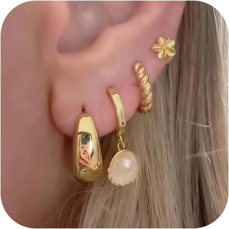 4Pairs Gold Starfish Earrings for Women Shell Pearl Flower Earrings Dainty Summer Dresses Beach Vacation Clothes Outfits