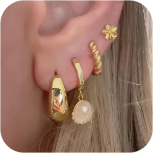4Pairs Gold Starfish Earrings for Women Shell Pearl Flower Earrings Dainty Summer Dresses Beach Vacation Clothes Outfits