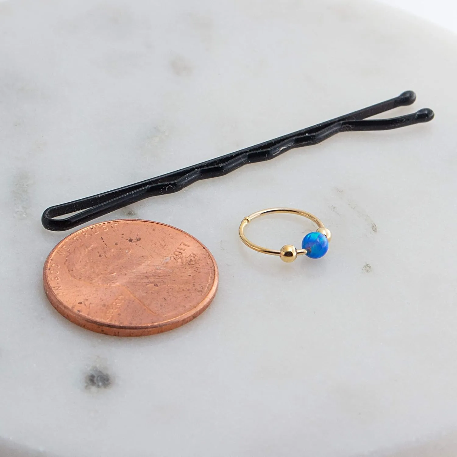 7mm Cartilage Earrings Hoop Nose Tragus Earlobe Piercings in 14K Gold Filled with Opal Stone 22 Gauge Sold in Pair (GF 7mm x 22 gauge/Dark Blue-Green Opal)