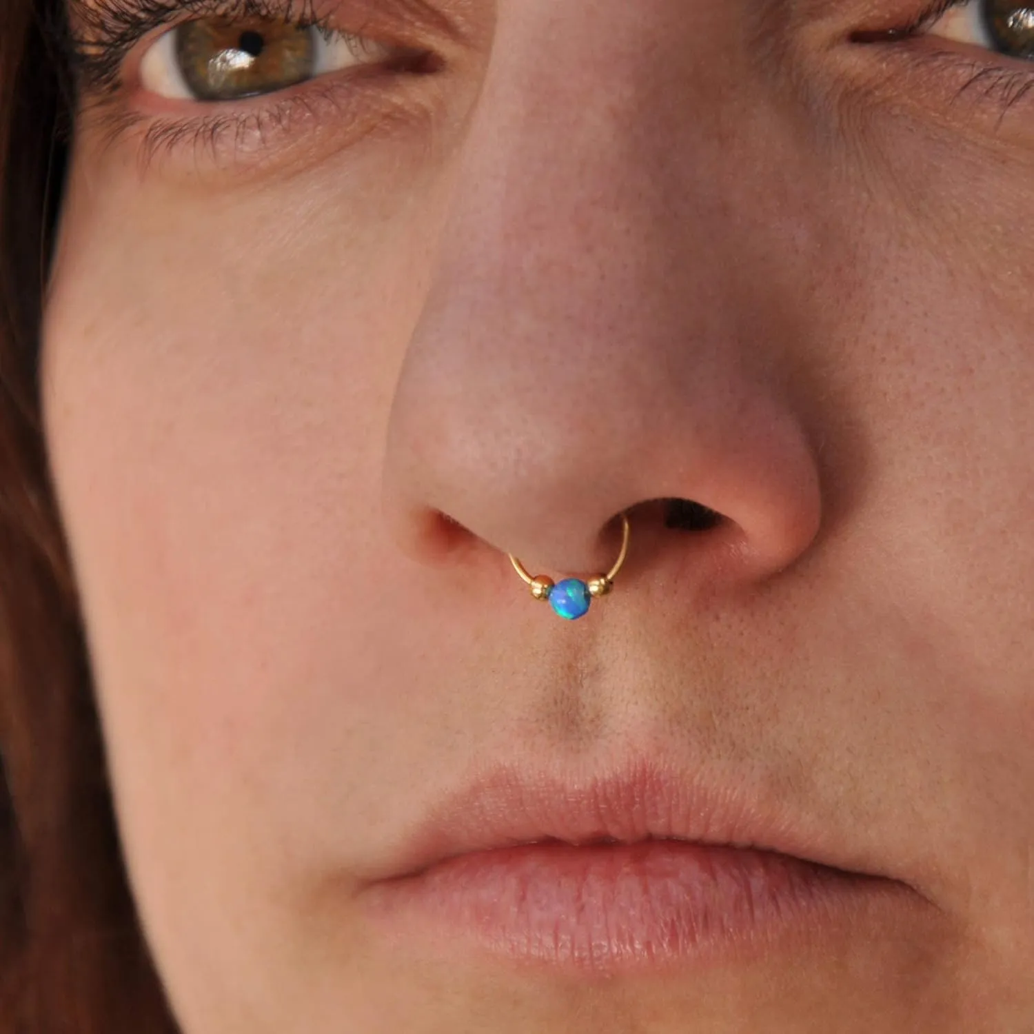 7mm Cartilage Earrings Hoop Nose Tragus Earlobe Piercings in 14K Gold Filled with Opal Stone 22 Gauge Sold in Pair (GF 7mm x 22 gauge/Dark Blue-Green Opal)