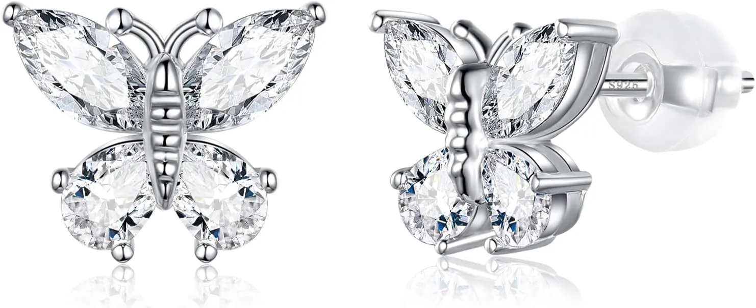 925 Sterling Silver Butterfly Stud Earrings for Women Girls Cute Small Butterfly Earrings Heart Stud Earrings Cubic Zirconia Hypoallergenic Butterfly Jewelry