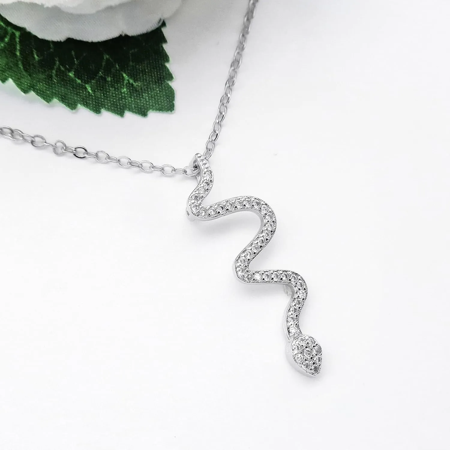 925 Sterling Silver Chain Fashion Snake shape Rhinestone Pendant Necklace White Gold Plated Jewelry Gifts for Women 16"-18", WK99081