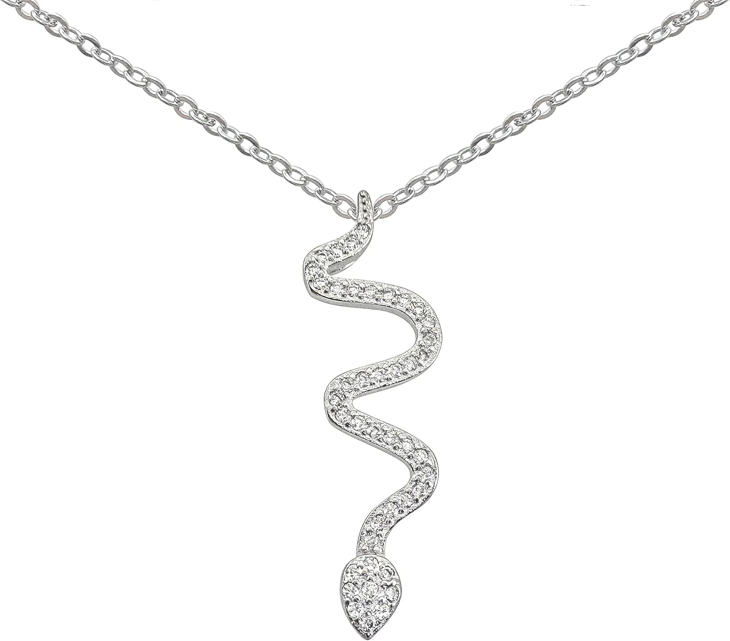 925 Sterling Silver Chain Fashion Snake shape Rhinestone Pendant Necklace White Gold Plated Jewelry Gifts for Women 16"-18", WK99081