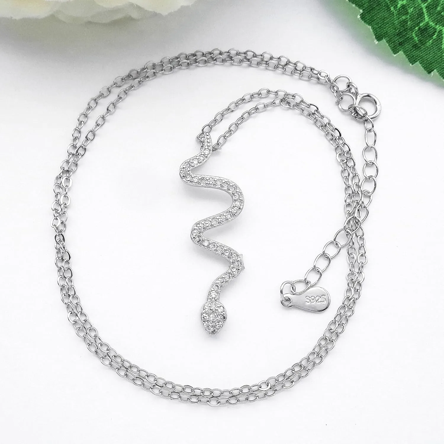 925 Sterling Silver Chain Fashion Snake shape Rhinestone Pendant Necklace White Gold Plated Jewelry Gifts for Women 16"-18", WK99081