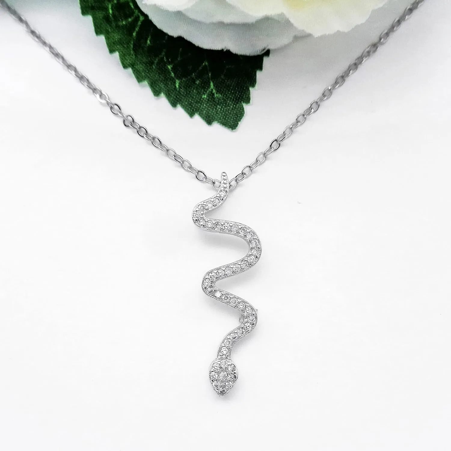 925 Sterling Silver Chain Fashion Snake shape Rhinestone Pendant Necklace White Gold Plated Jewelry Gifts for Women 16"-18", WK99081