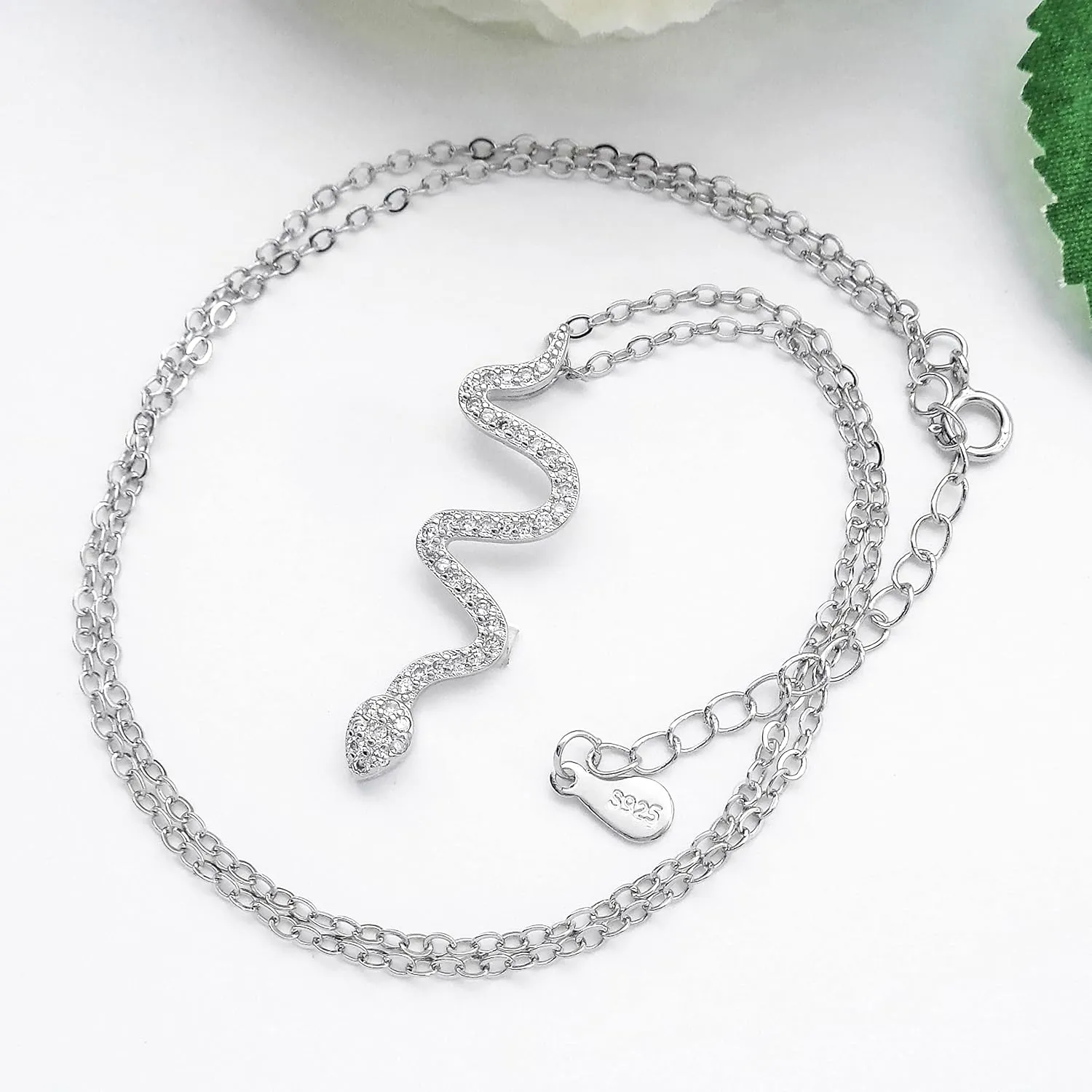 925 Sterling Silver Chain Fashion Snake shape Rhinestone Pendant Necklace White Gold Plated Jewelry Gifts for Women 16"-18", WK99081